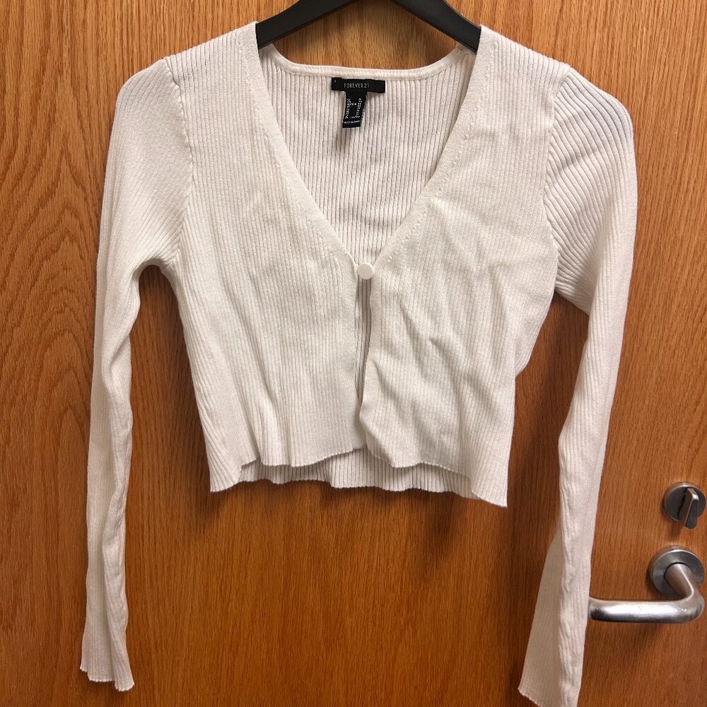 Forever 21 Cream Ribbed Cropped Cardigan | Fitted V-Neck | Soft Girl